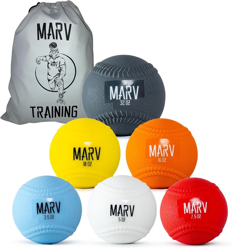Marv Balls - Velo Set (Soft Shell Plyo Baseball) Original Plyo with Seams Velocity Development Set - 6 Weighted Baseballs - Image 1